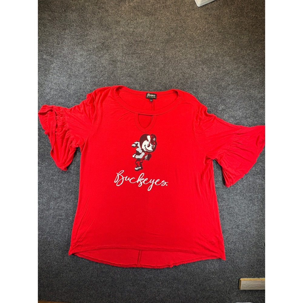 Gameday Couture Ohio State Buckeyes Red Ruffle Sleeve Keyhole Top XL